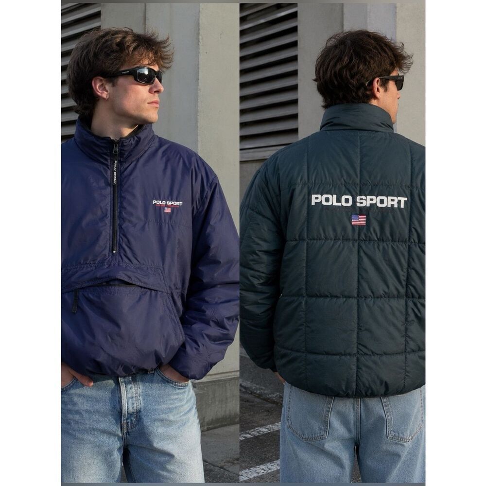 RARE VTG Polo Sport Ralph Lauren Reversible Puffer Quarter Zip Jacket Sz L Retro